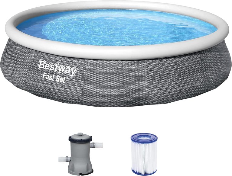 Bestway 57376 Piscine Hors Sol Fast Set Ronde Motif Rotin Gris 396 x 84 cm, Pompe de Filtration